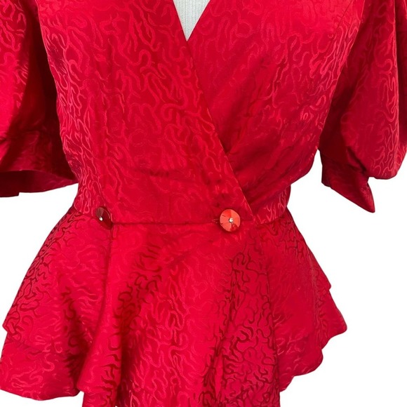 Vintage Mijoli Blouse Silk Puff Sleeves Iridescent Red Faux Wrap Top Sz 6 - Picture 6 of 16